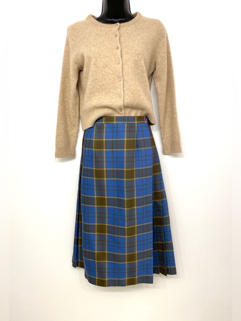 Vintage Highland Queen Wool Plaid Pleated Midi Skirt Blue Tartan 8 XS S